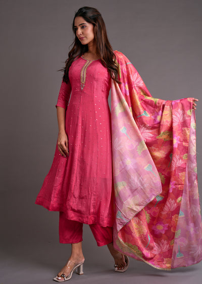 Dark Pink Chinnon Anarkali Suit