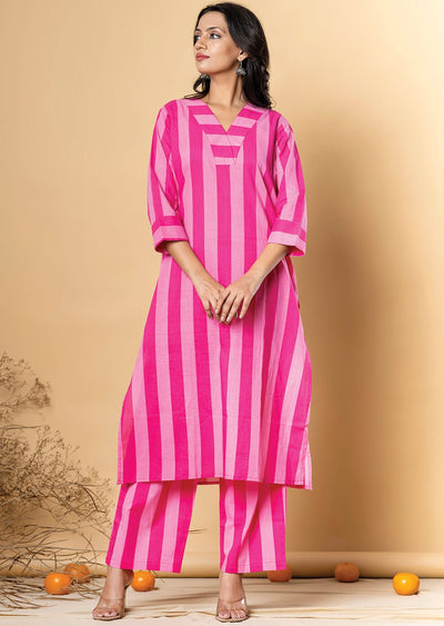 Pink Cotton Straight Cut Kurti Set