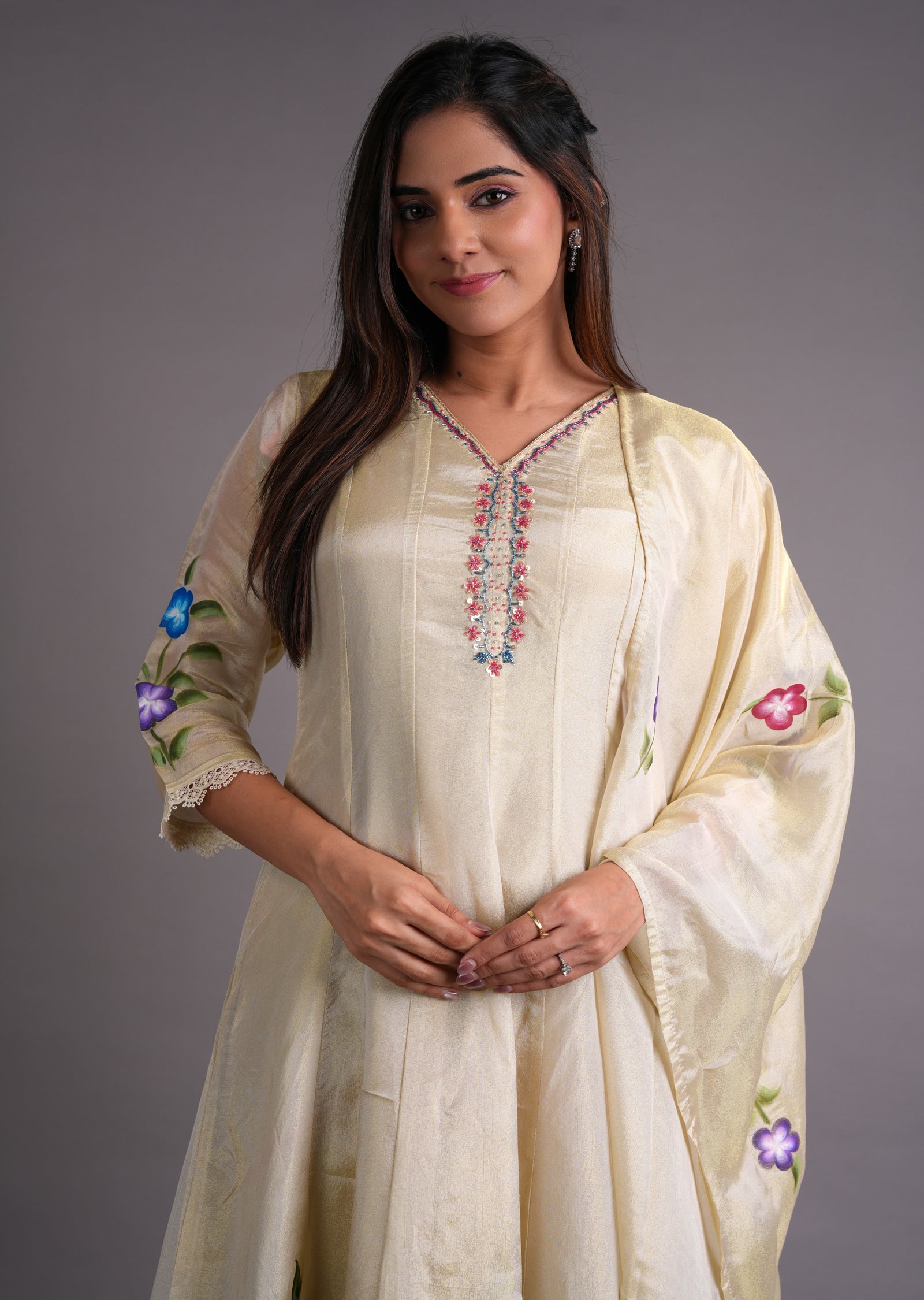 Beige Tissue Anarkali Suit