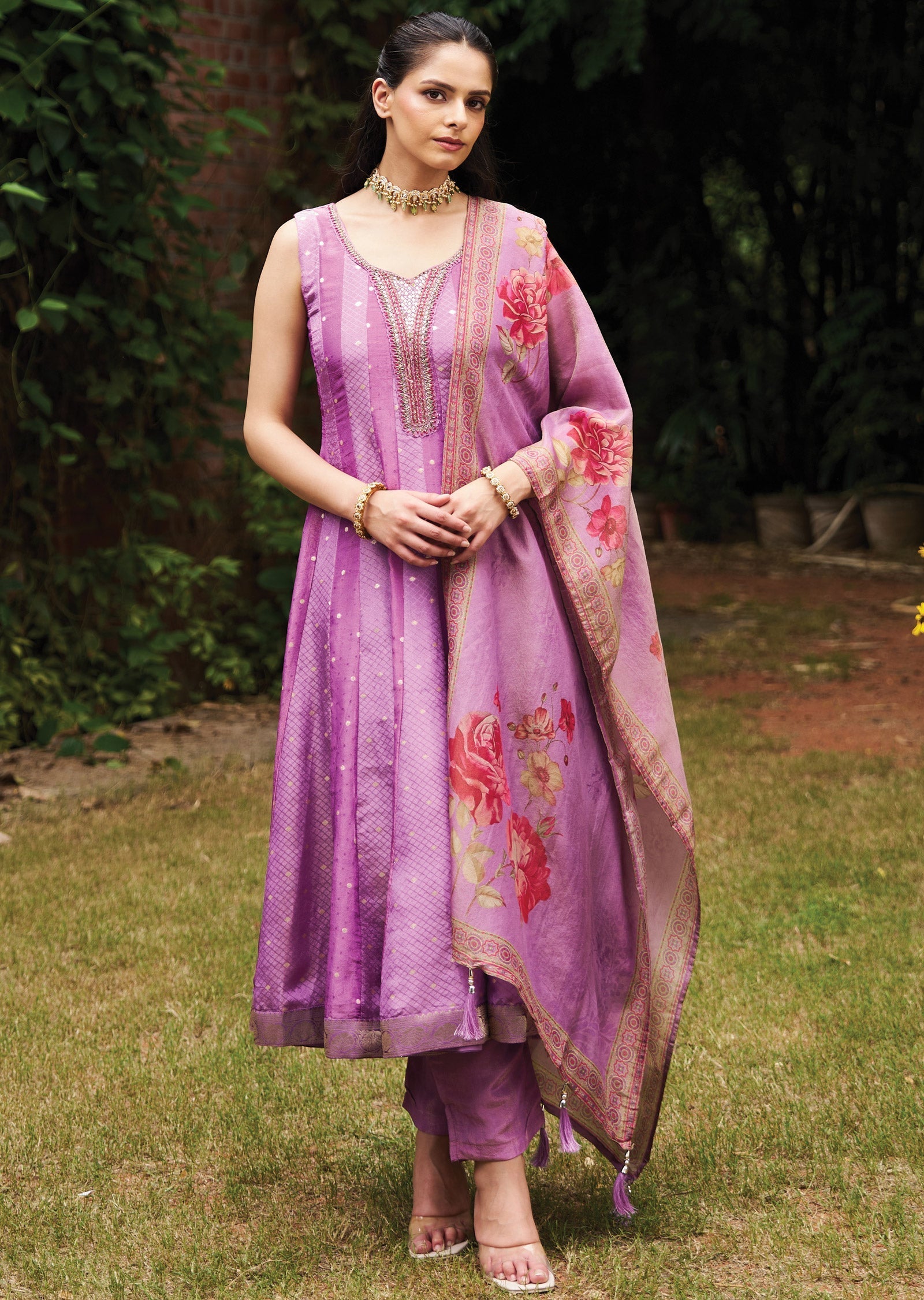 Lavender Tissue Anarkali Suit