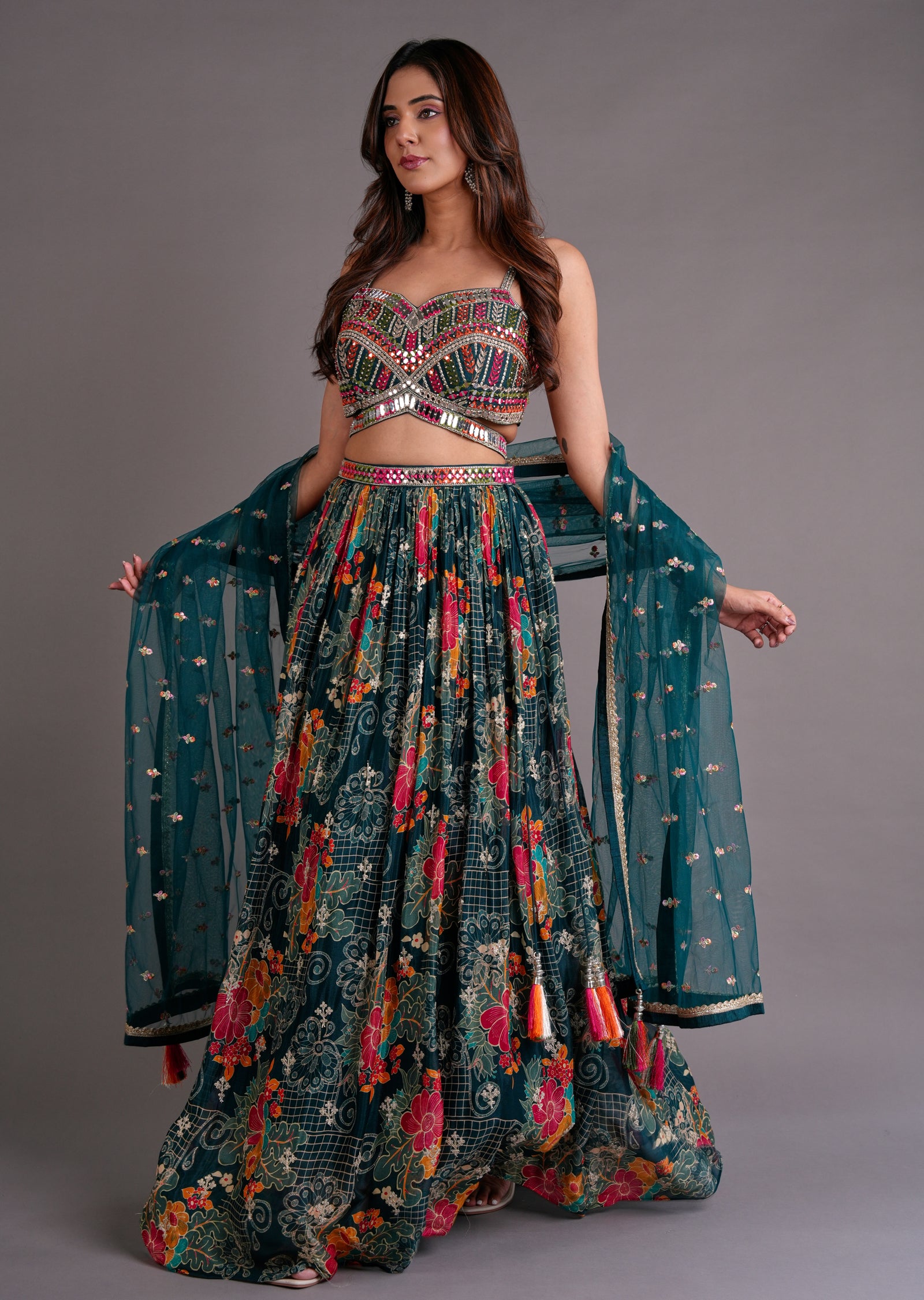 Bottle Green Georgette Lehenga