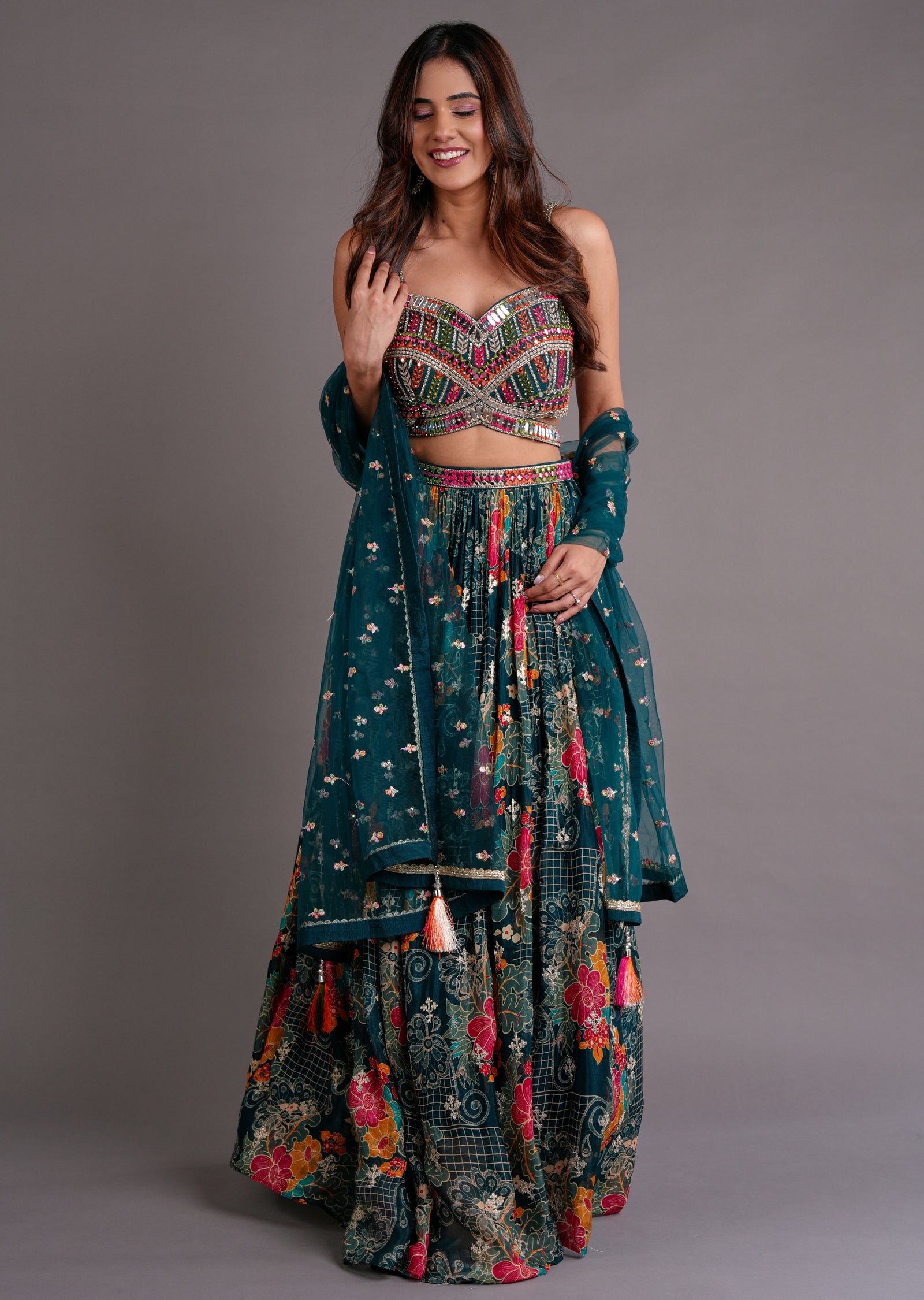 Bottle Green Georgette Lehenga