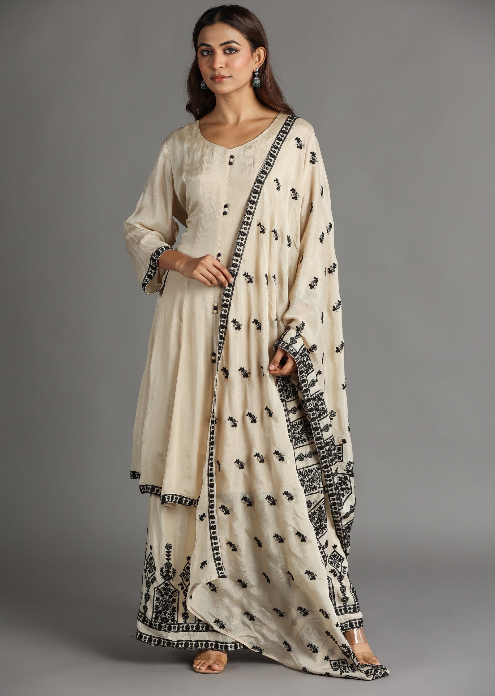 Beige Chinnon Anarkali Suit