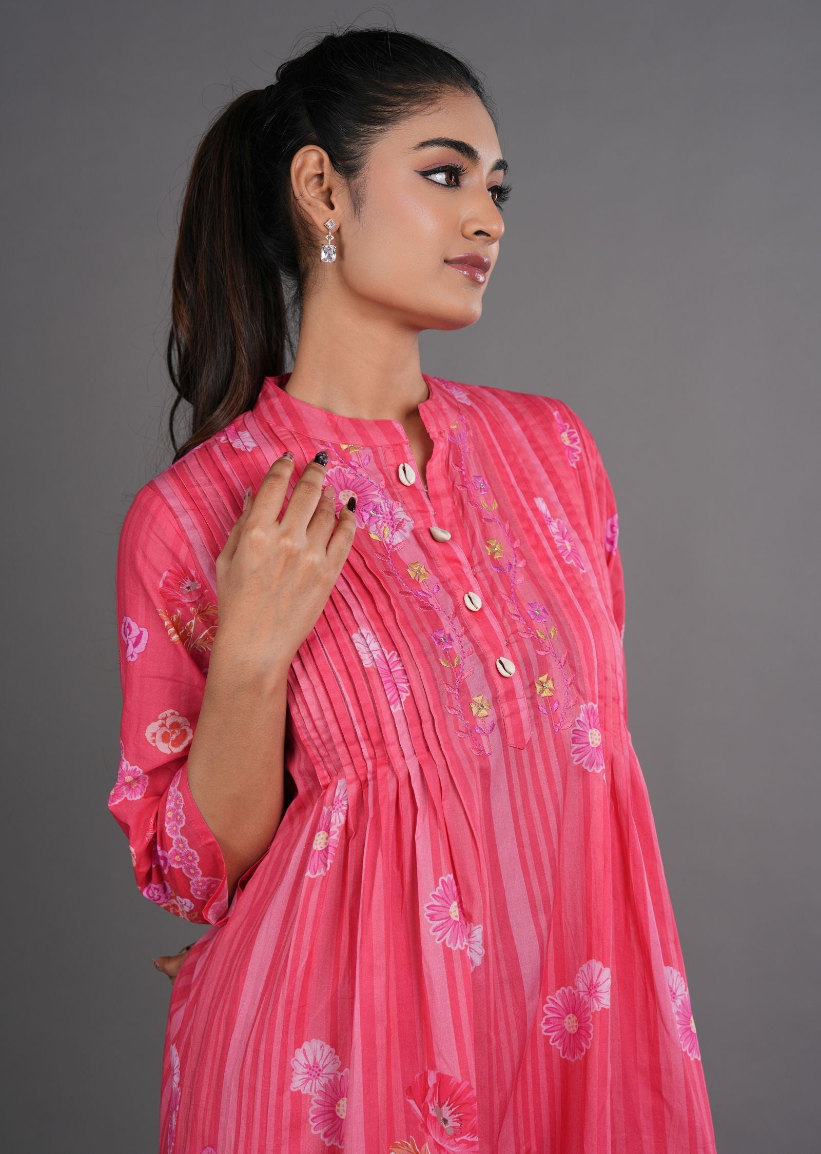 Dark Pink Cotton Straight Cut Kurti Set