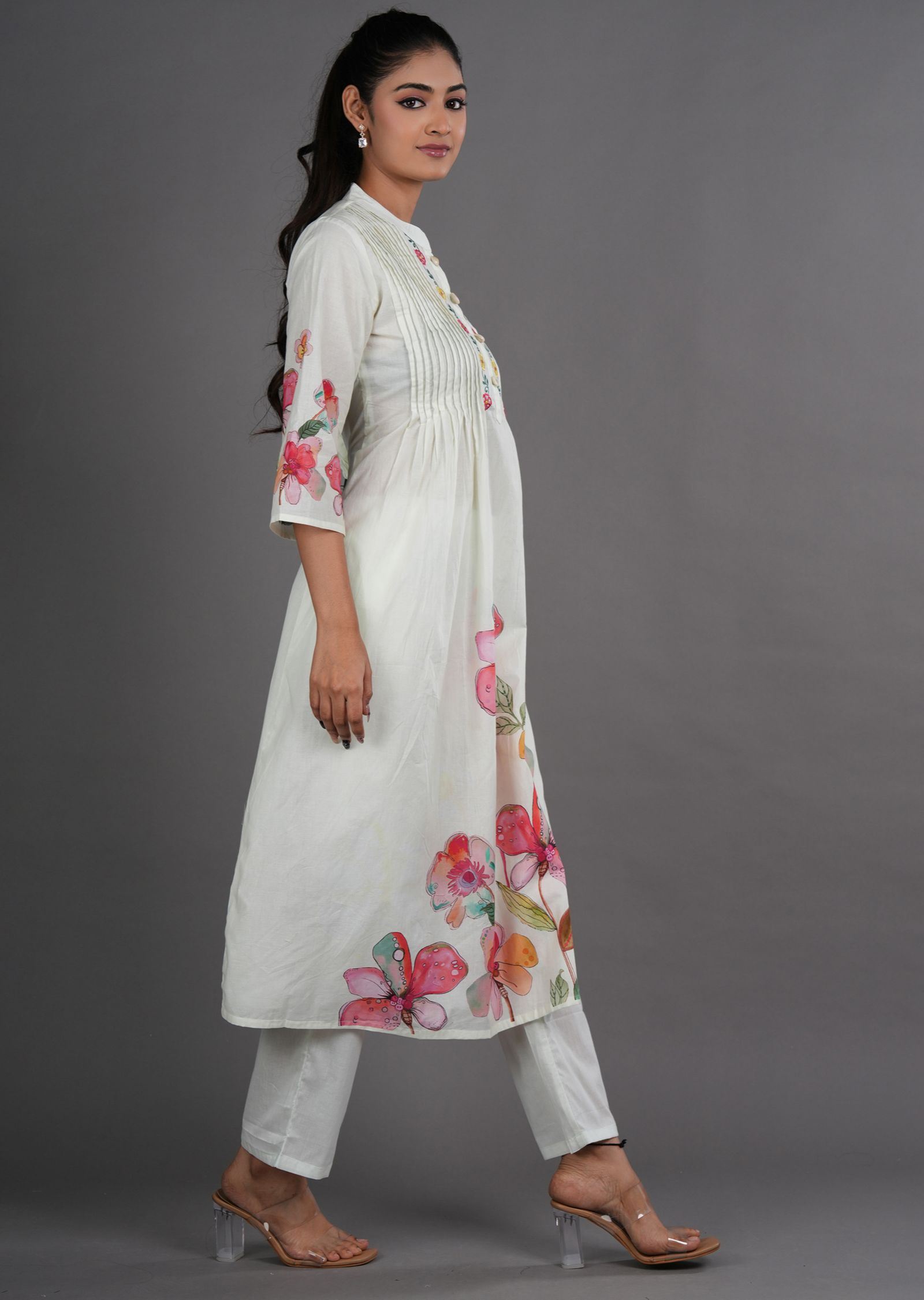 Cream Cotton Straight Cut Kurti Set