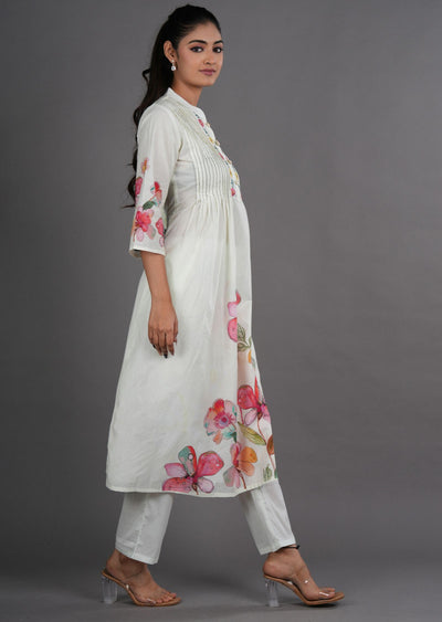 Cream Cotton Straight Cut Kurti Set