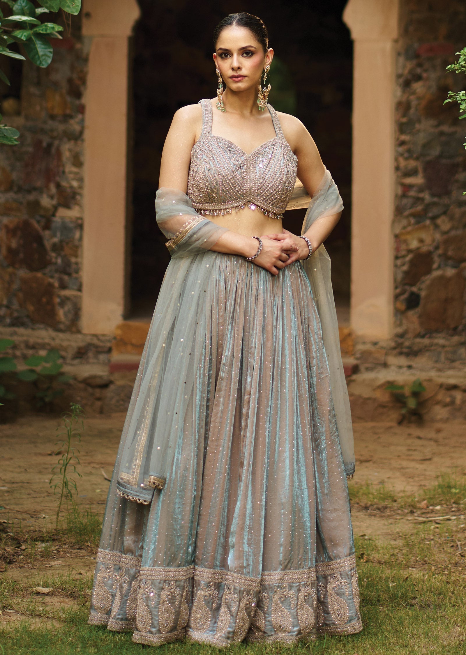 Dusty Blue Tissue Lehenga Set