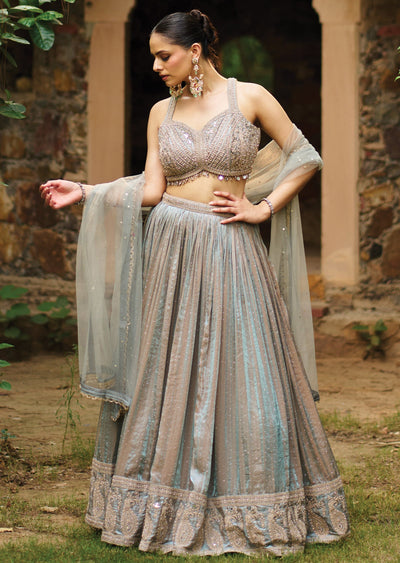 Dusty Blue Tissue Lehenga Set