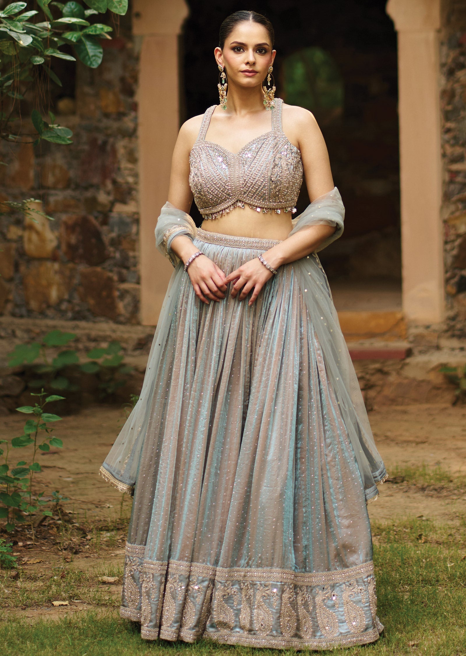 Dusty Blue Tissue Lehenga Set