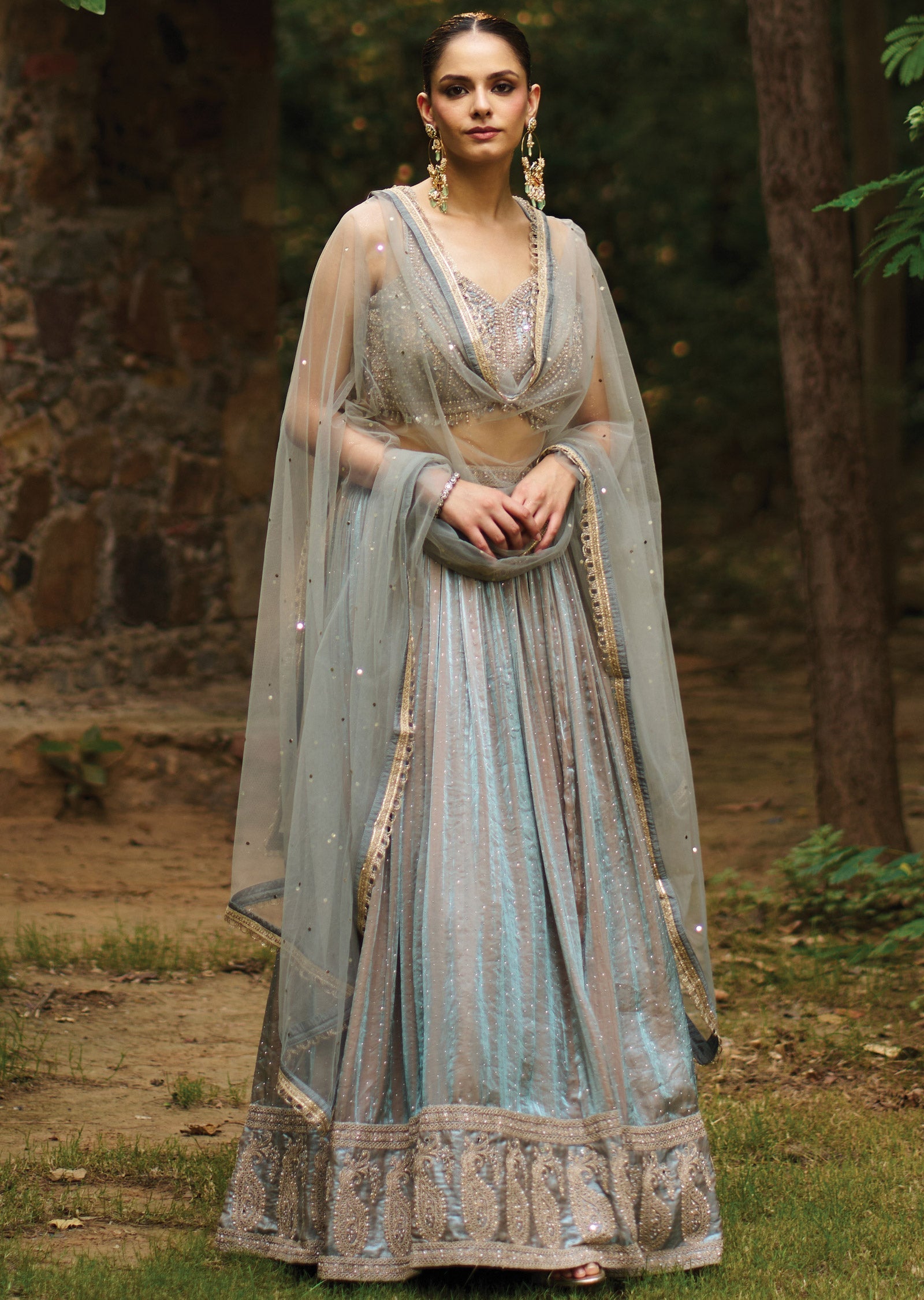 Dusty Blue Tissue Lehenga Set