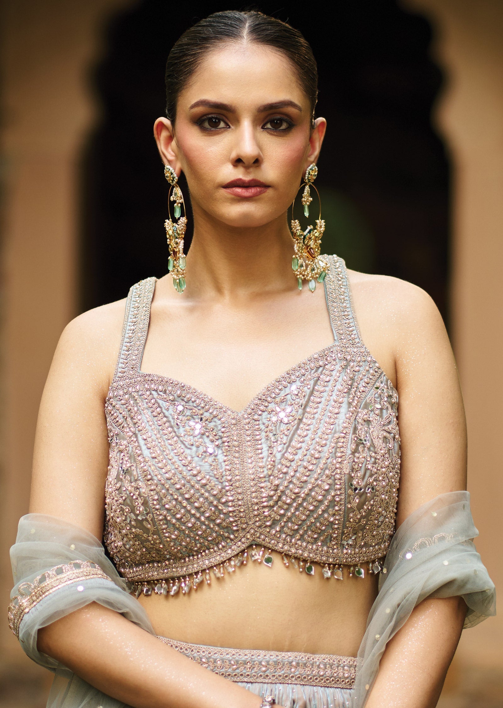 Dusty Blue Tissue Lehenga Set