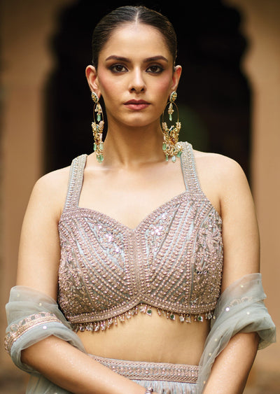 Dusty Blue Tissue Lehenga Set