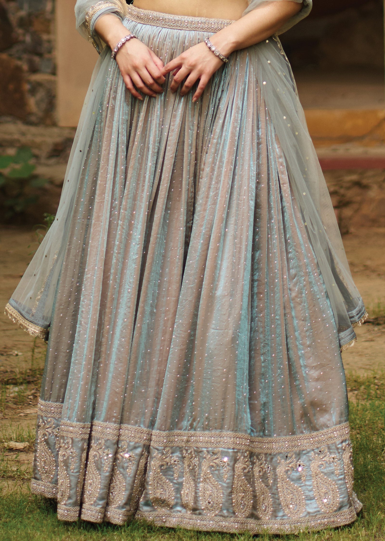Dusty Blue Tissue Lehenga Set