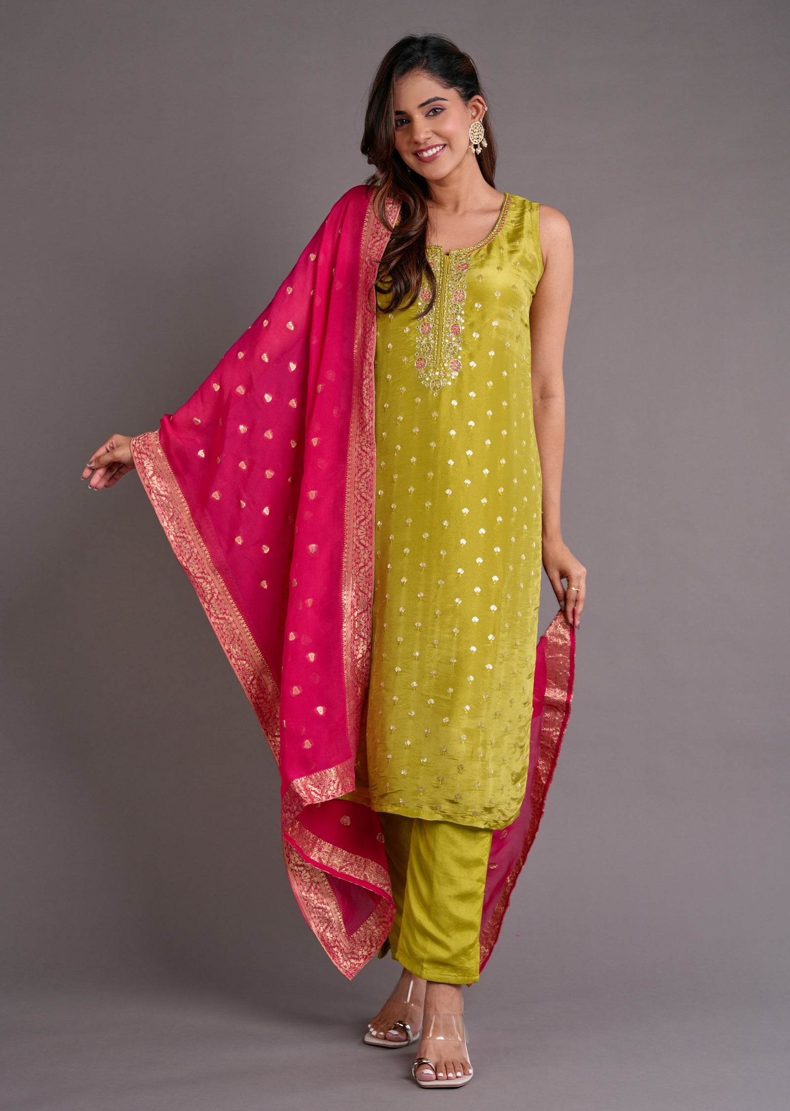 Mehendi Green Silk Straight Cut Suit