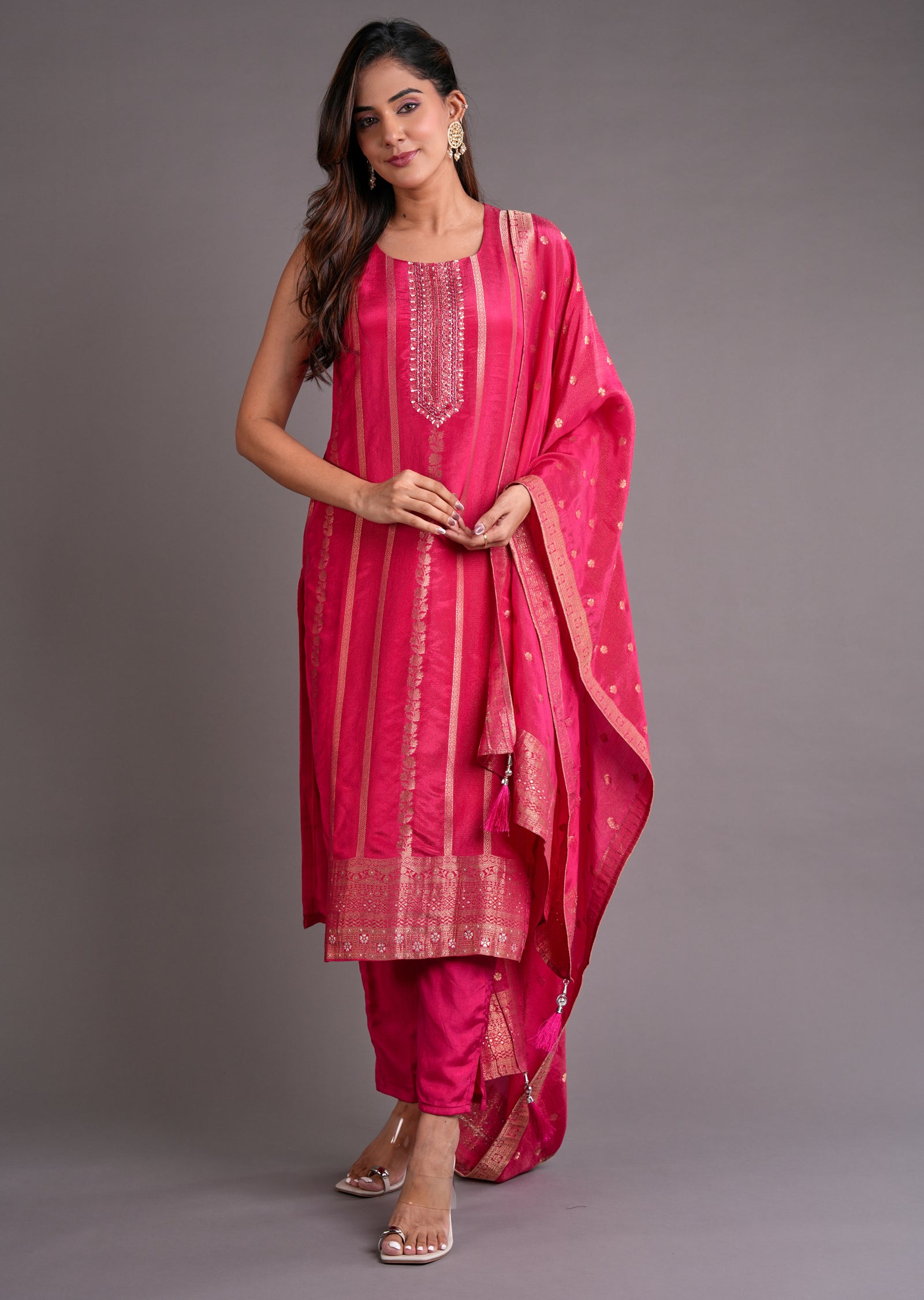 Pink Tissue Silk Straight Cut Suit