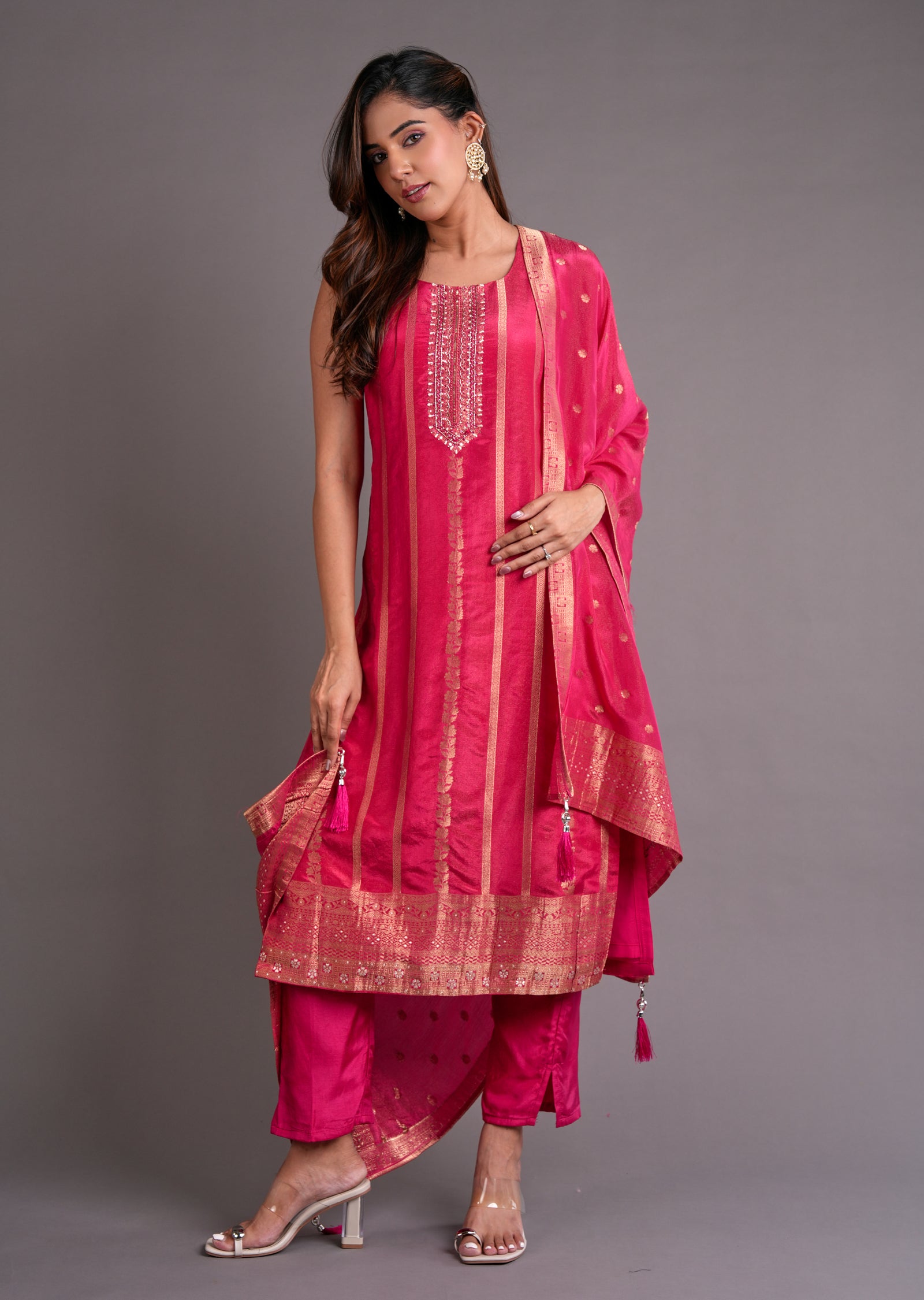 Pink Tissue Silk Straight Cut Suit