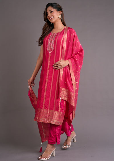 Pink Tissue Silk Straight Cut Suit