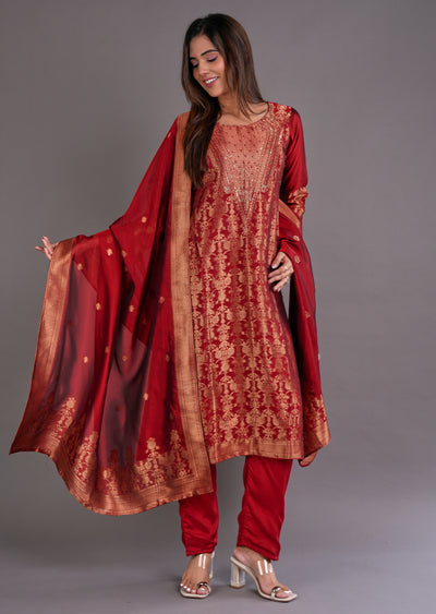 Maroon Silk Straight Cut Suit