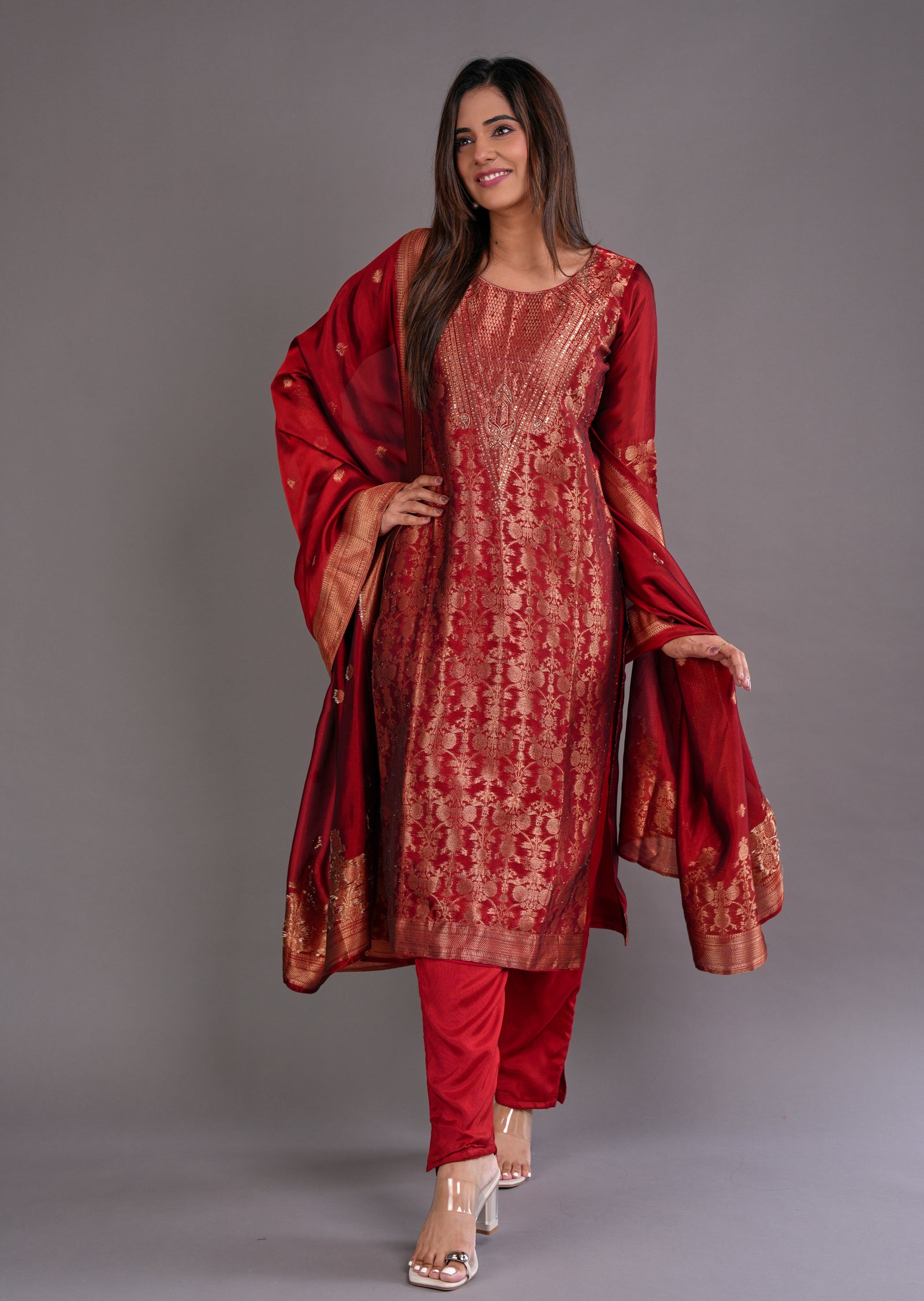 Maroon Silk Straight Cut Suit