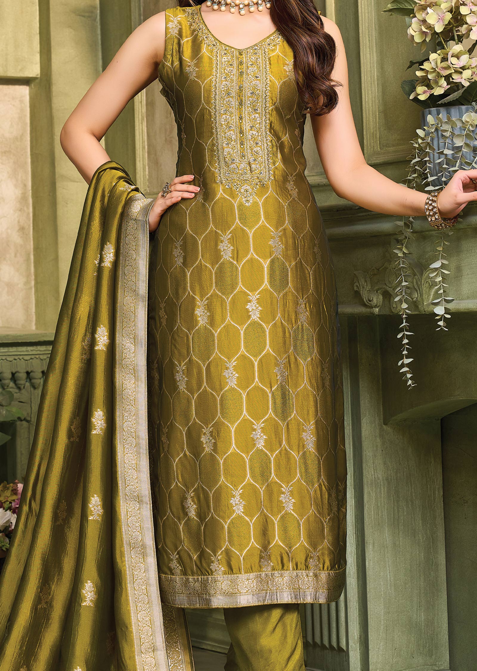 Mehendi Green Banarasi Silk Straight Cut Suit