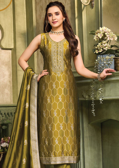 Mehendi Green Banarasi Silk Straight Cut Suit
