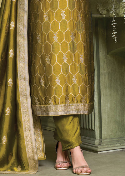 Mehendi Green Banarasi Silk Straight Cut Suit