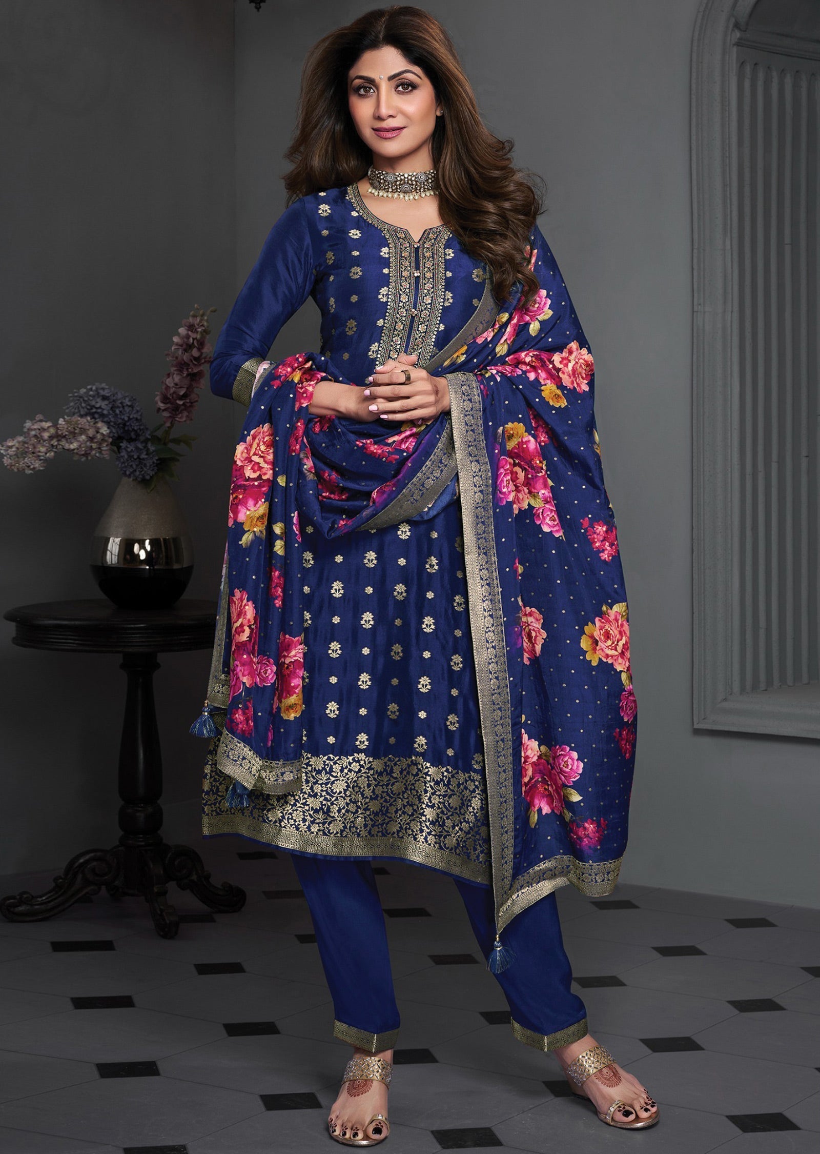 Navy Blue Banarasi Straight Cut Suit