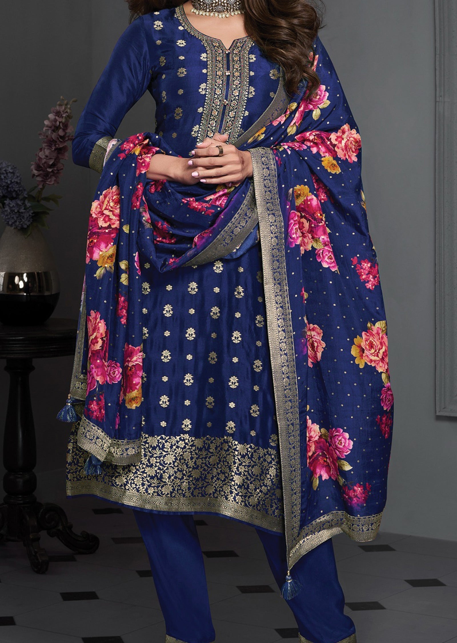 Navy Blue Banarasi Straight Cut Suit