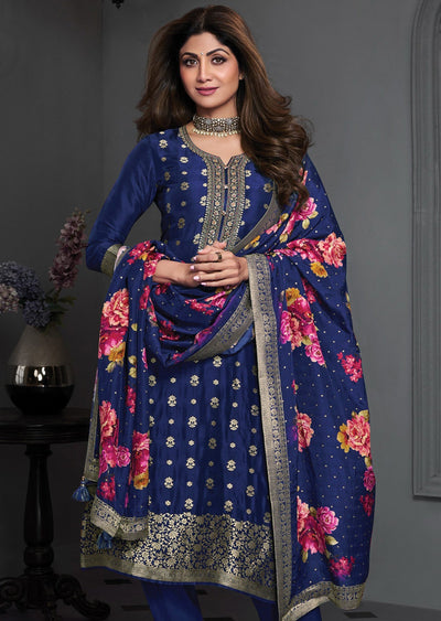 Navy Blue Banarasi Straight Cut Suit