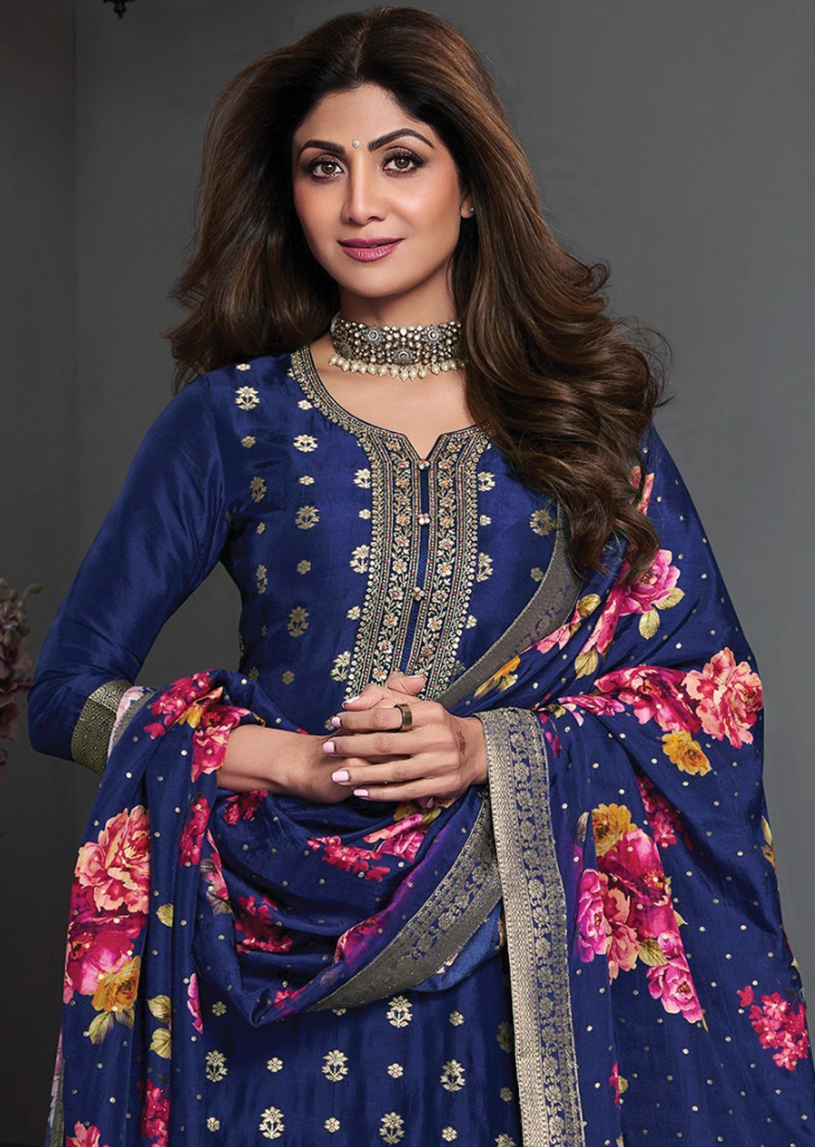 Navy Blue Banarasi Straight Cut Suit