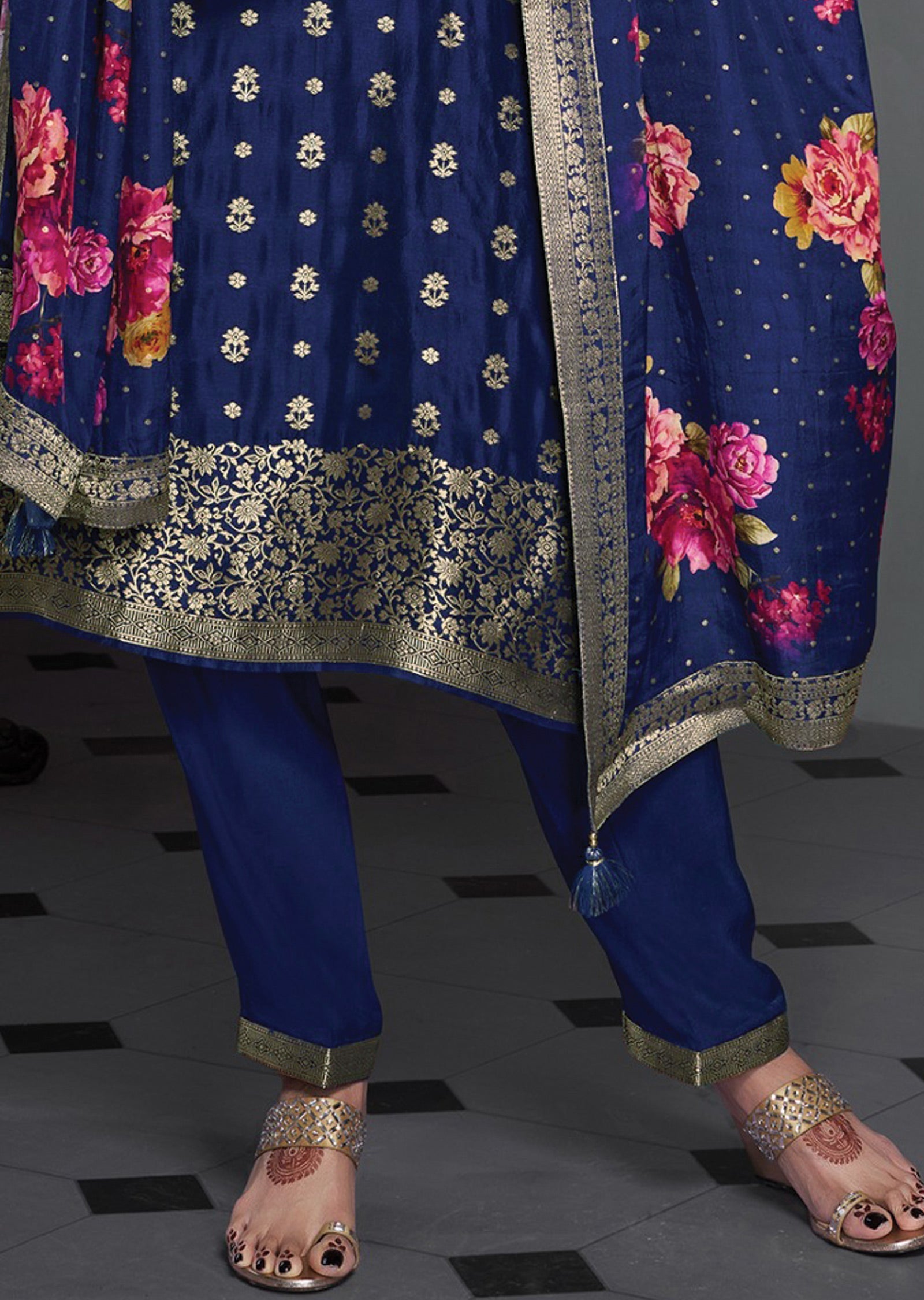 Navy Blue Banarasi Straight Cut Suit