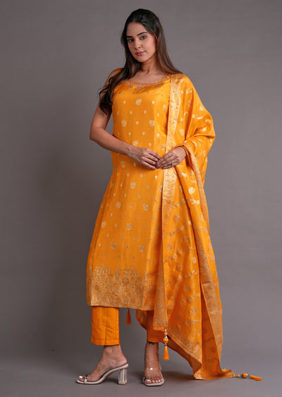 Yellow Tissue Silk Straight Cut Suit
