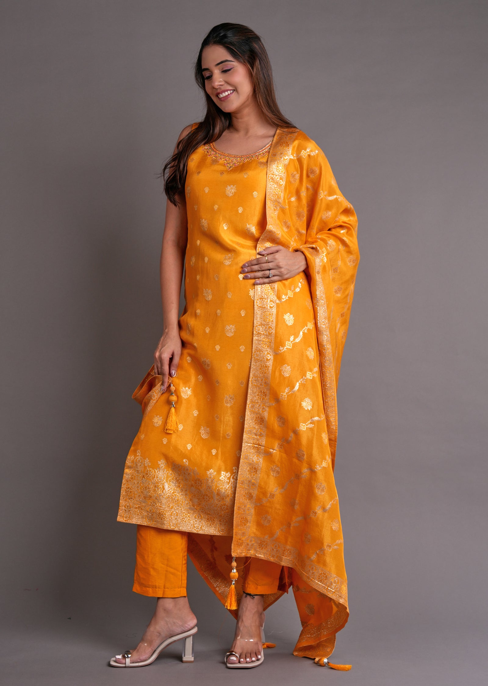 Yellow Tissue Silk Straight Cut Suit