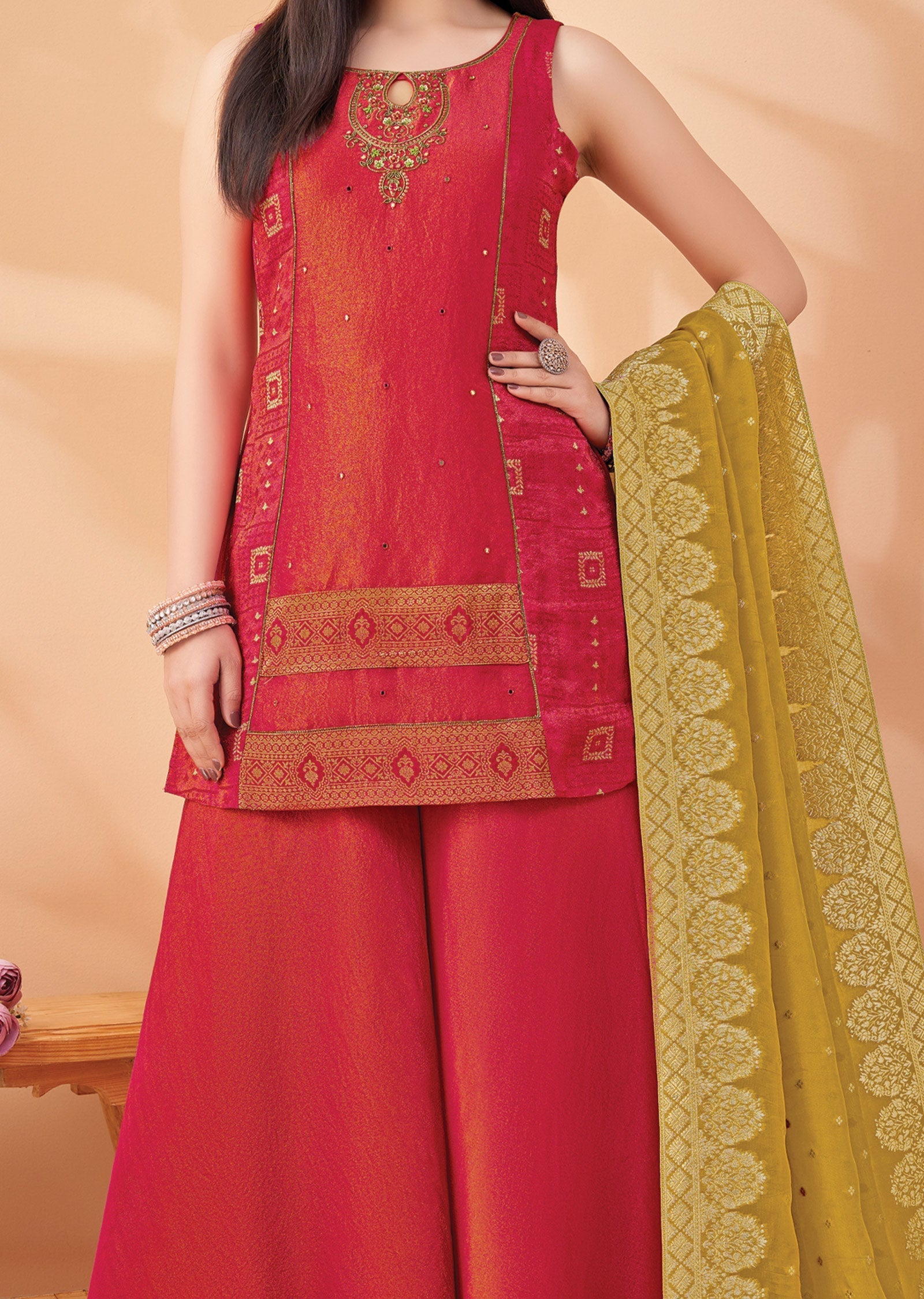 Pink Tissue Silk Straight Cut Suit