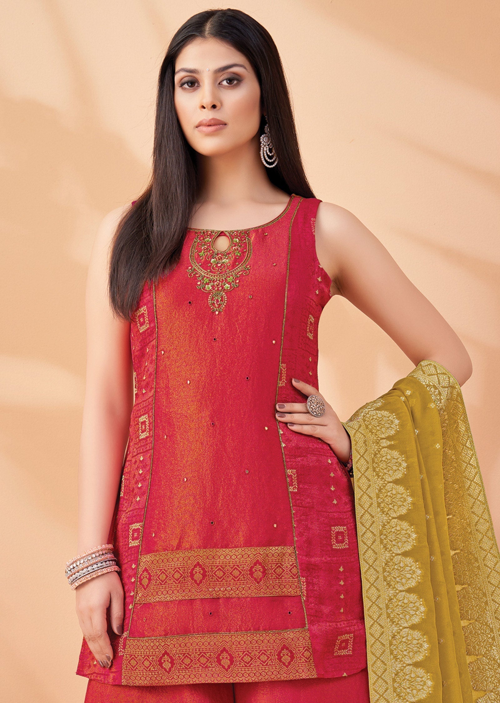 Pink Tissue Silk Straight Cut Suit