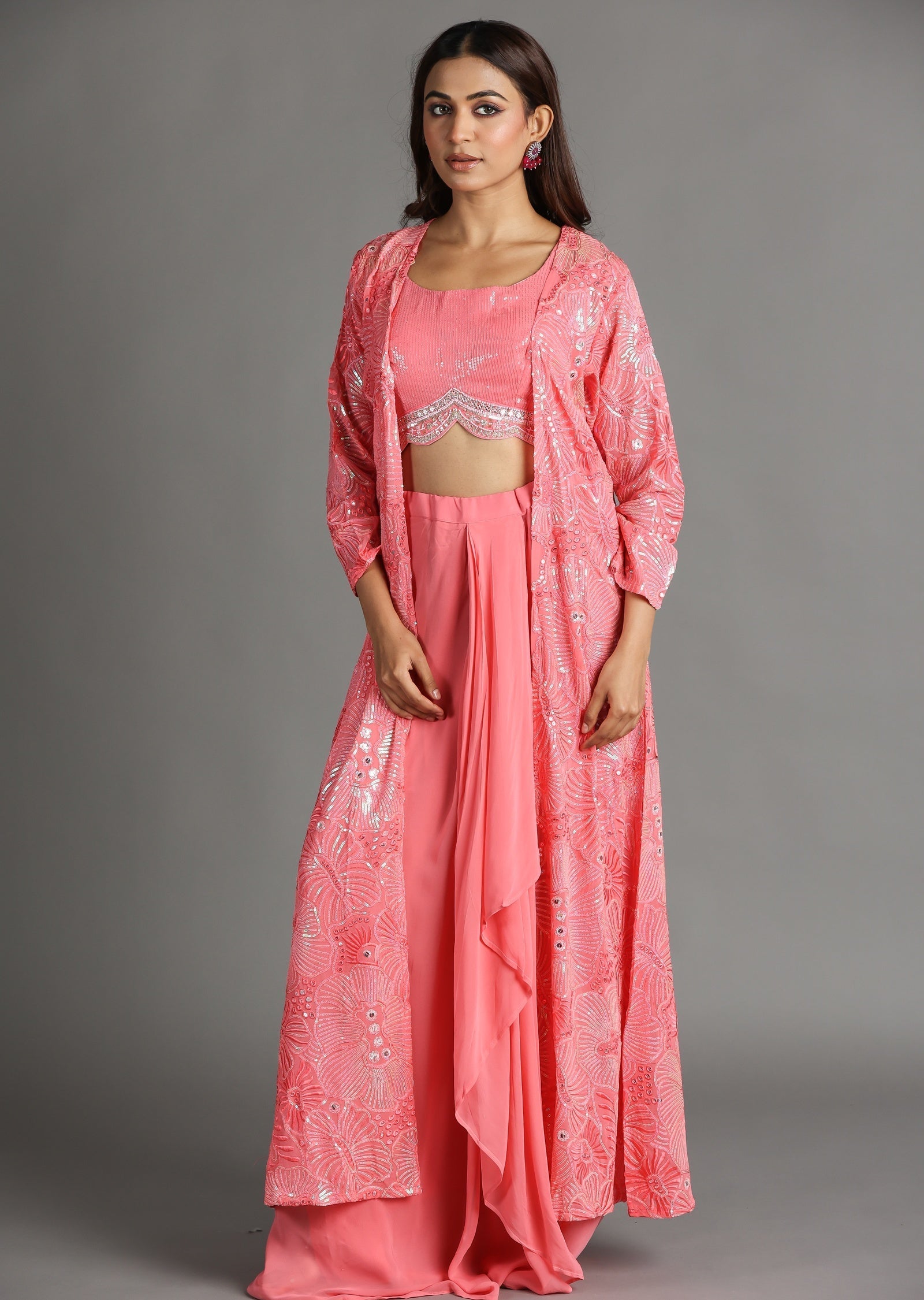 Pink Georgette Draped Skirt Set