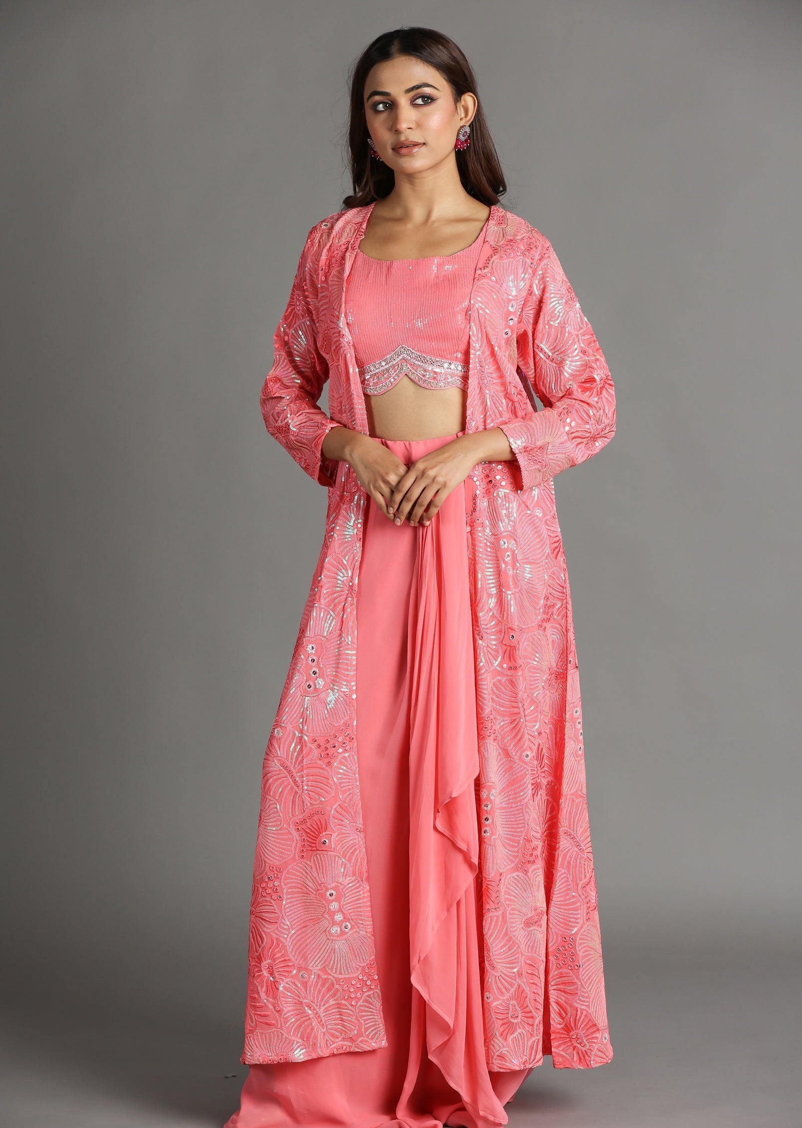 Pink Georgette Draped Skirt Set