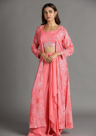 Pink Georgette Draped Skirt Set