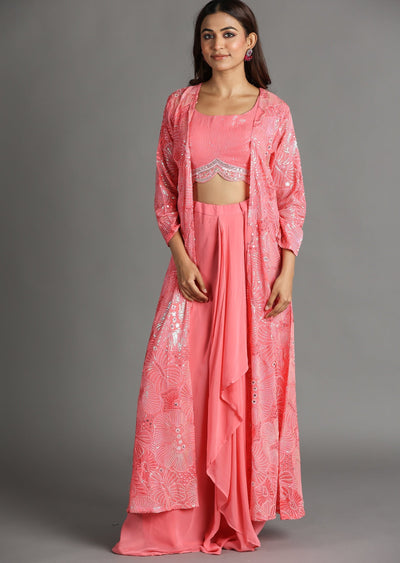 Pink Georgette Draped Skirt Set