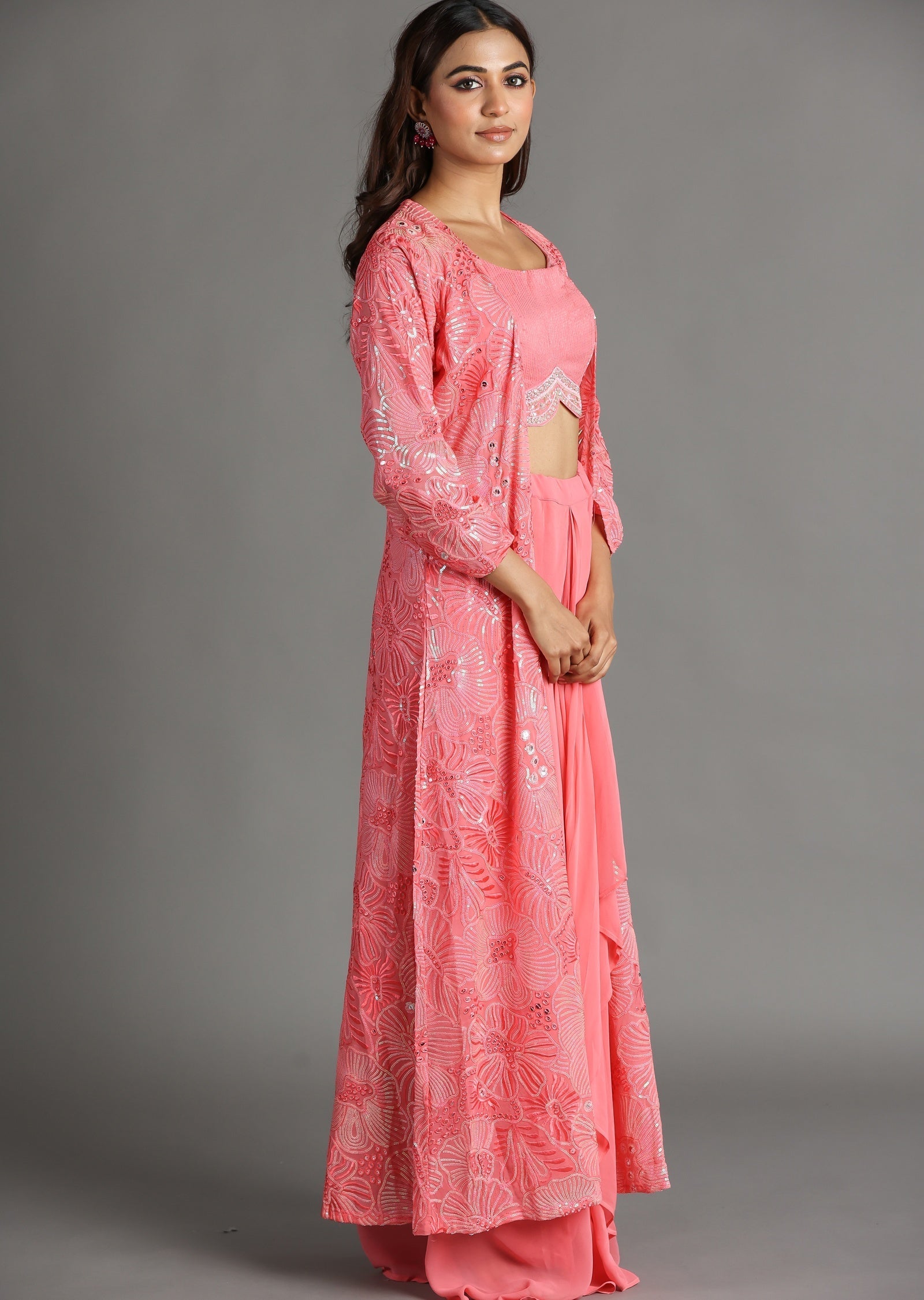 Pink Georgette Draped Skirt Set