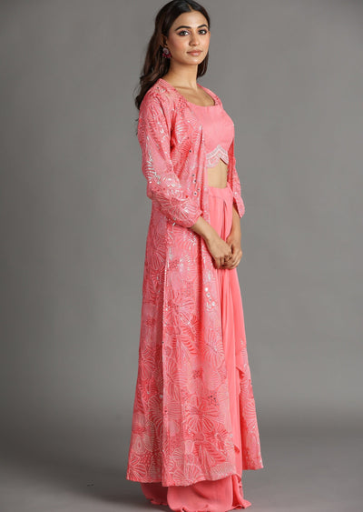 Pink Georgette Draped Skirt Set