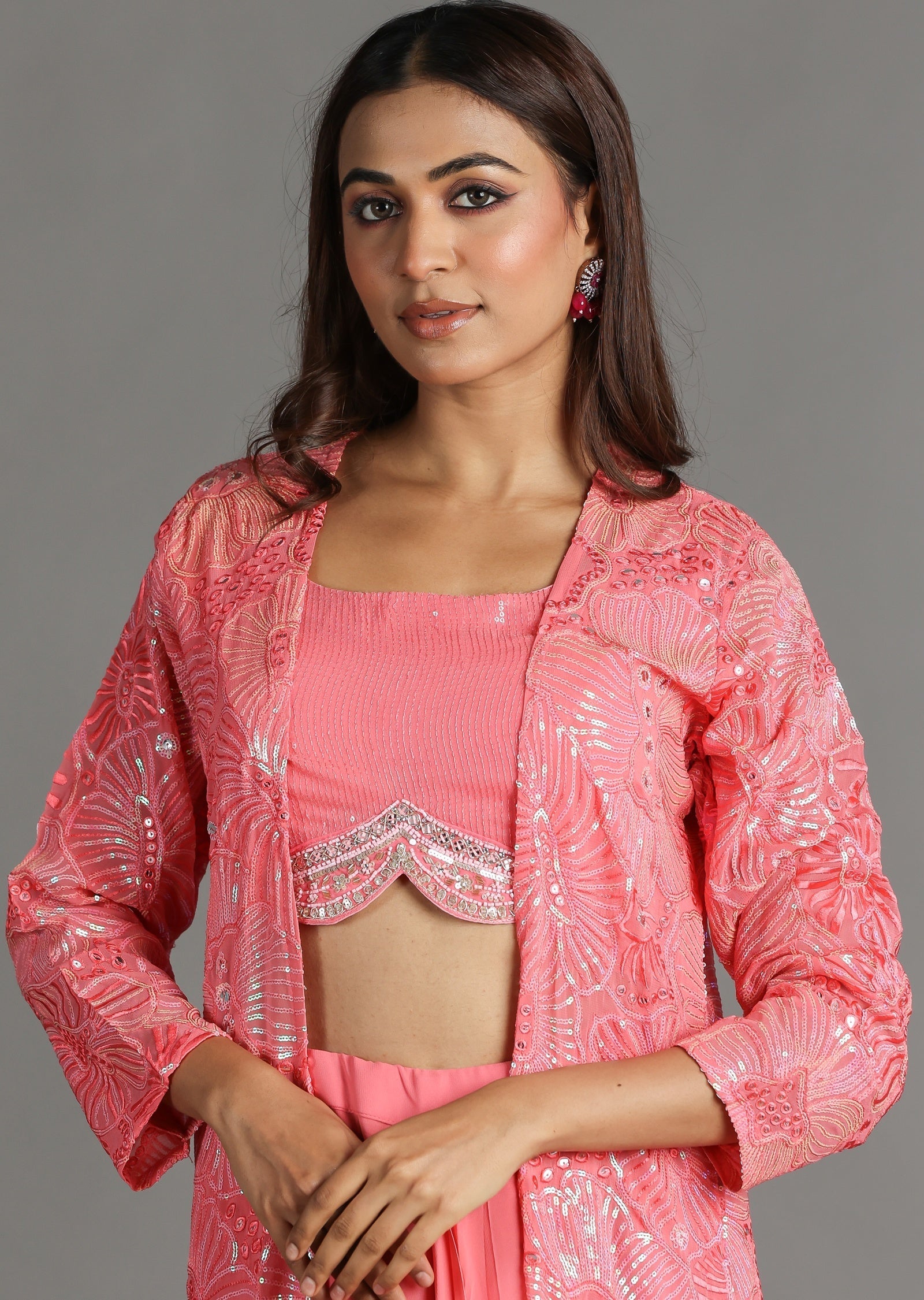 Pink Georgette Draped Skirt Set