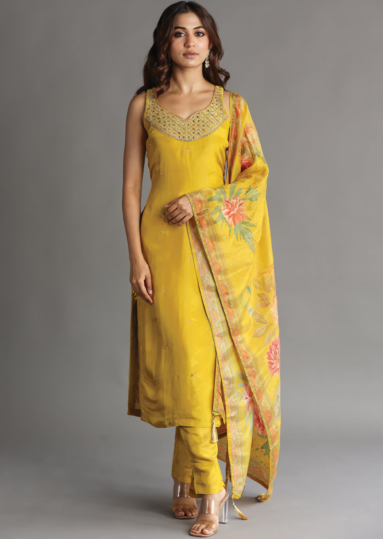 Yellow Tissue Silk Straight Cut Suit