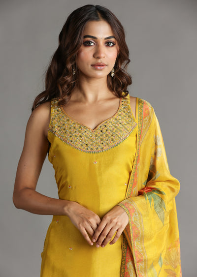 Yellow Tissue Silk Straight Cut Suit