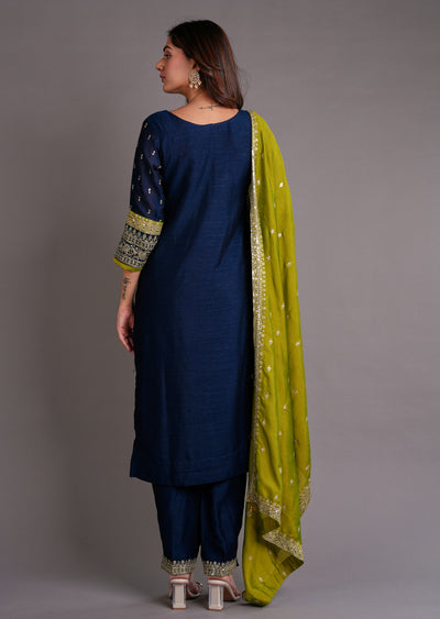 Navy Blue Silk Straight Cut Suit