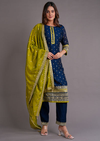 Navy Blue Silk Straight Cut Suit