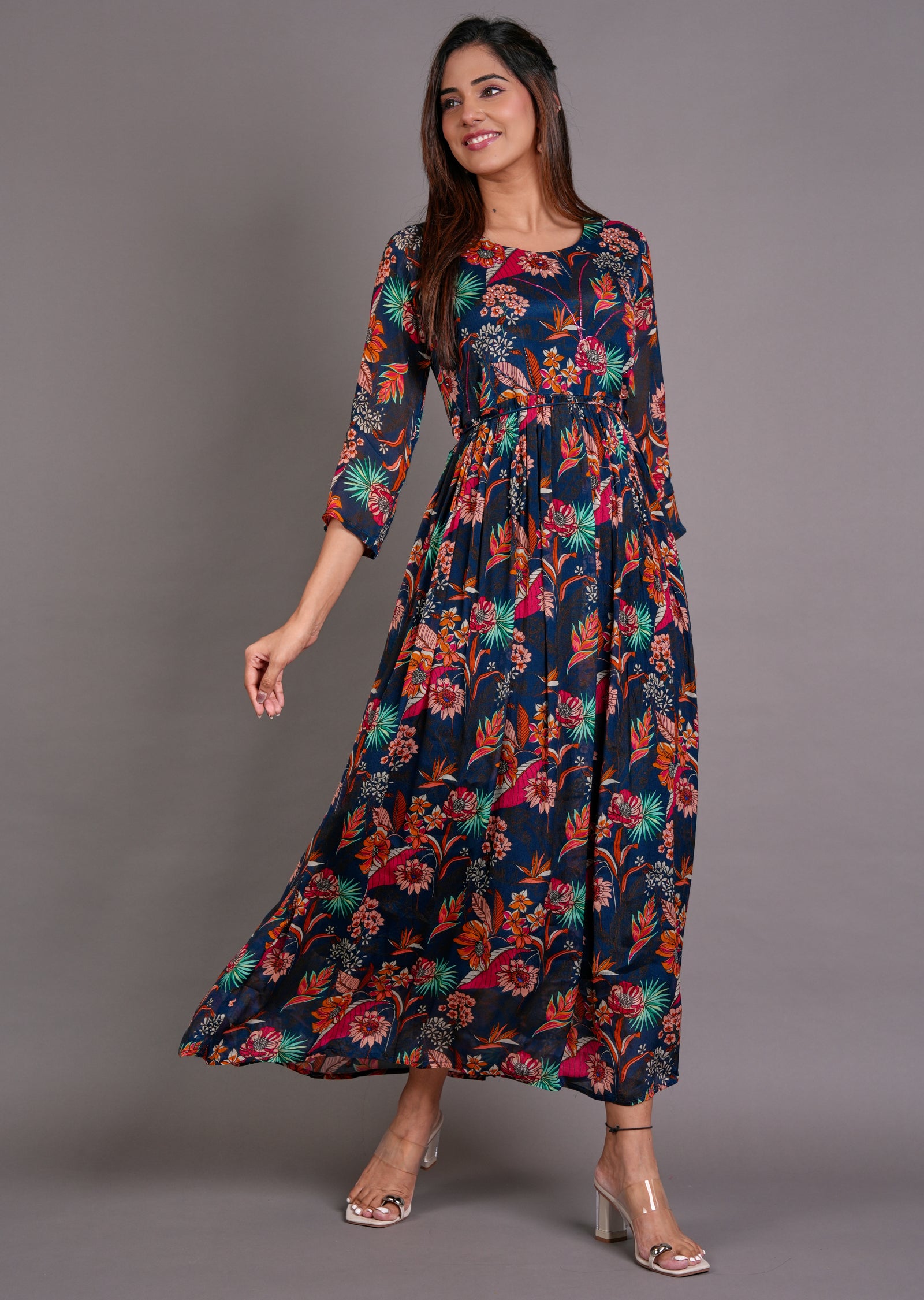 Teal Blue Chinnon Long Dress