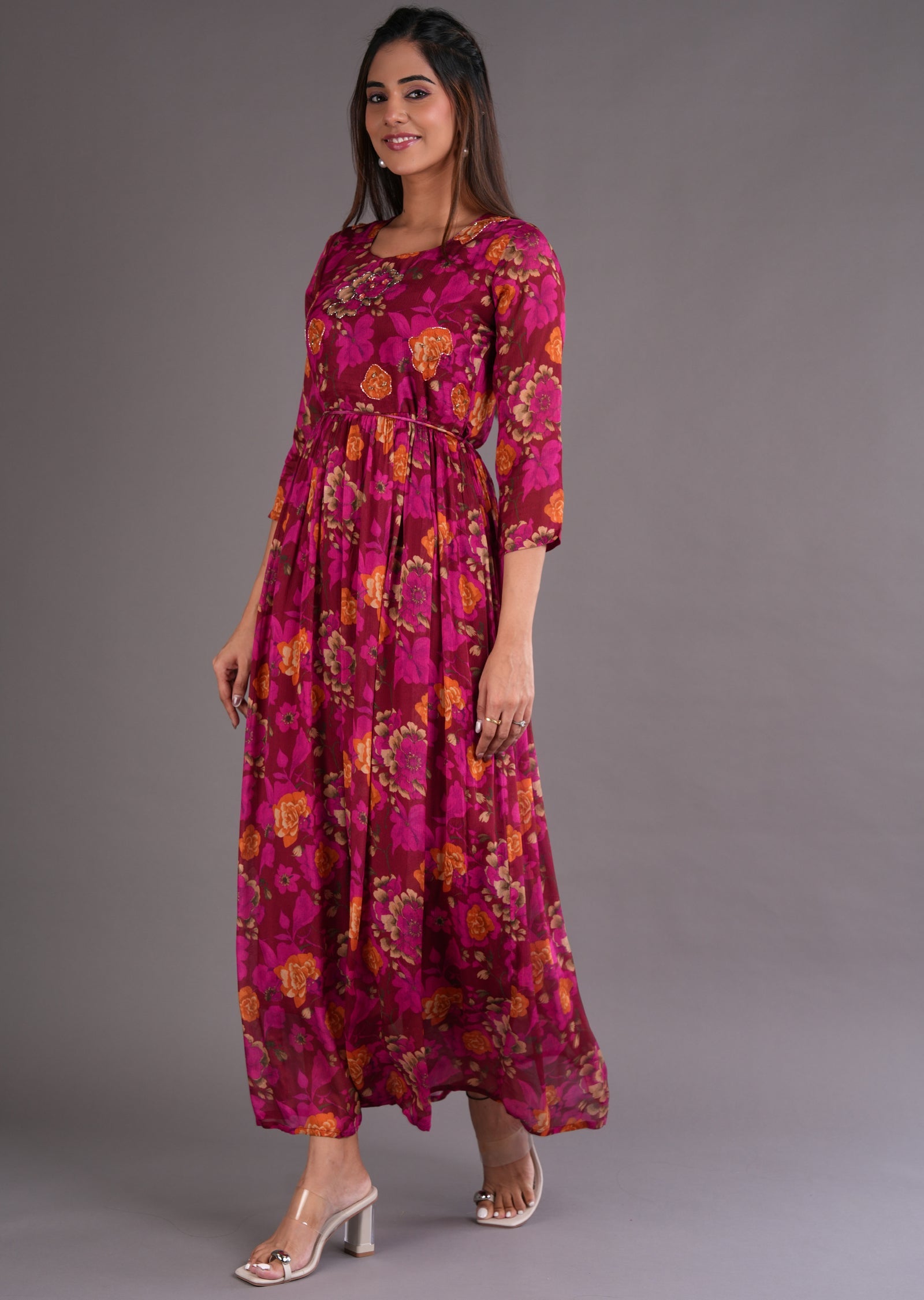 Maroon Chinnon Long Dress