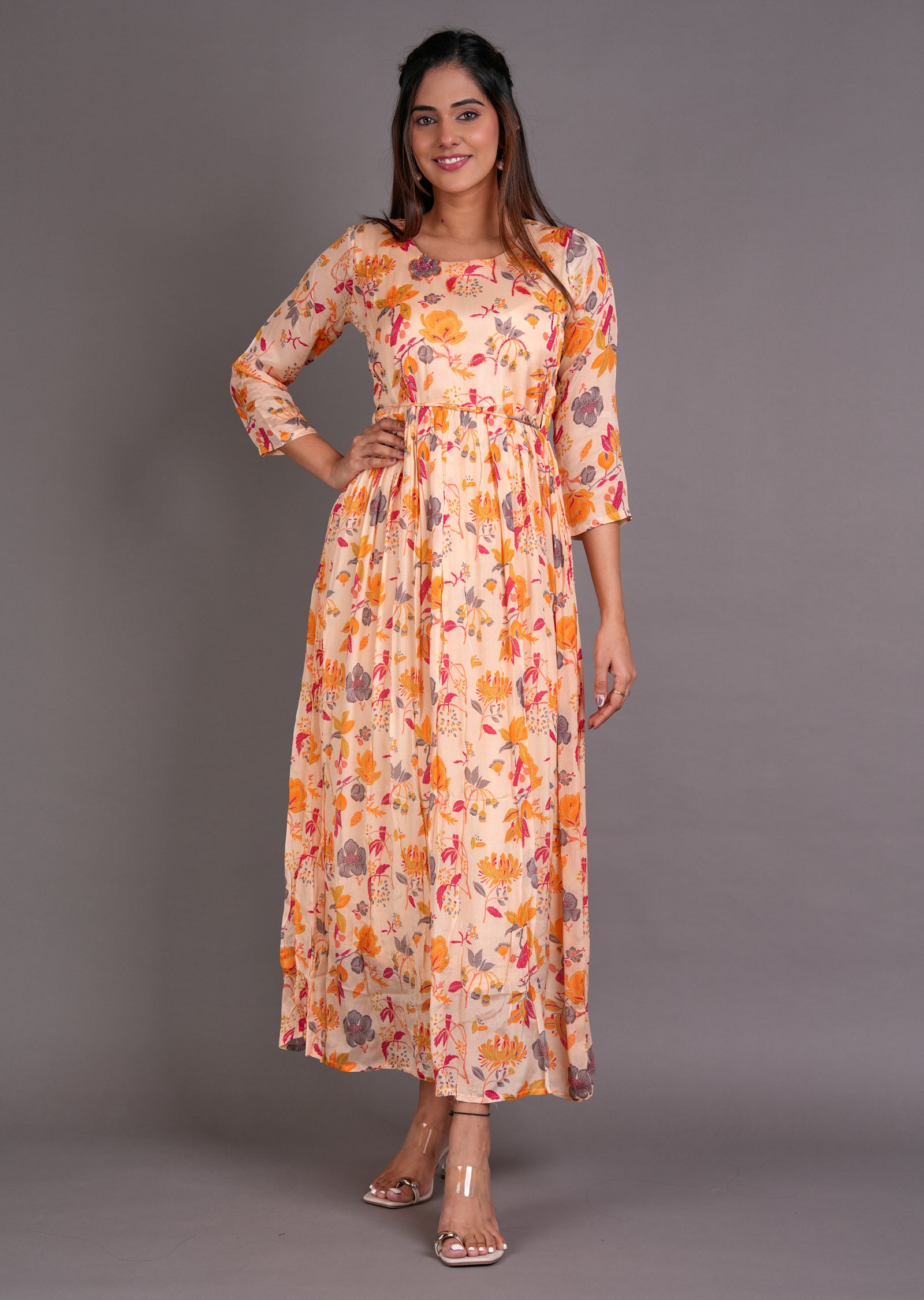 Peach Chinnon Long Dress