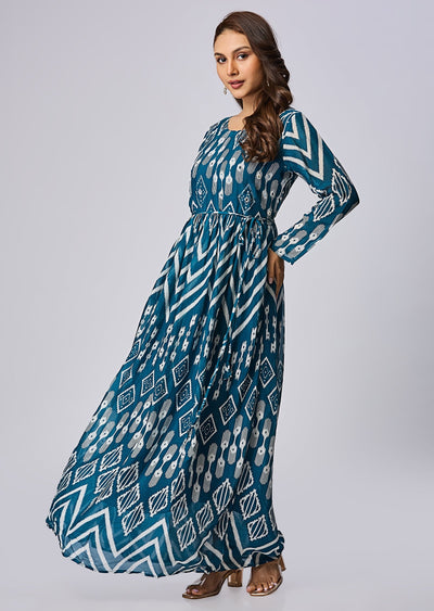 Teal Blue Chinnon Long Dress